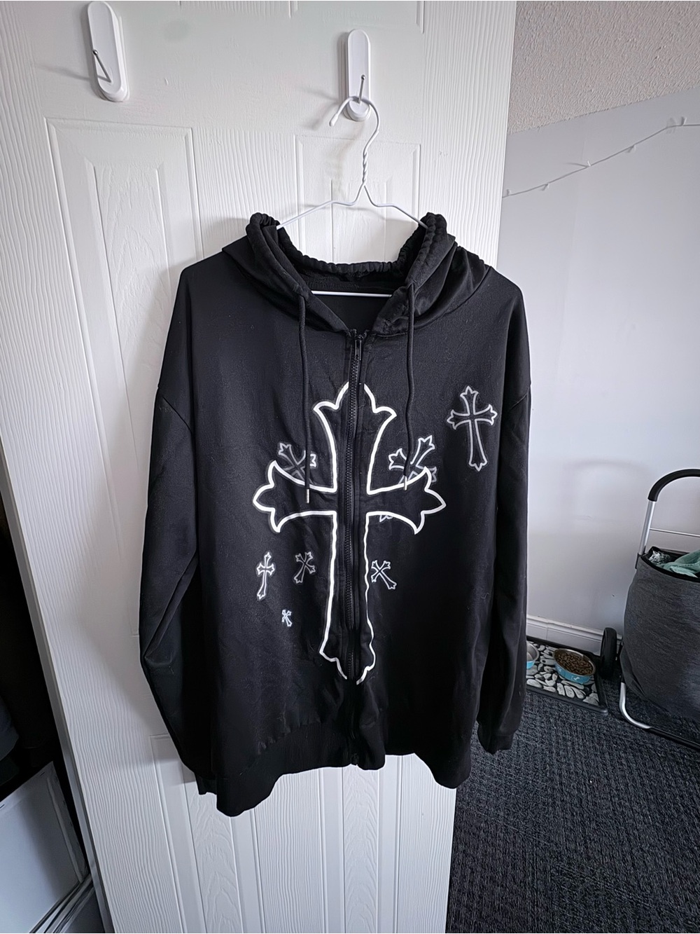 Black Men’s Zip-Up Sweater with Cross Graphic